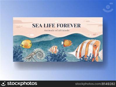 Twister template with sea life concept design watercolor vector illustration 