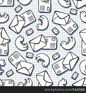 Twitter background. Doodle birds and letter mail seamless pattern. Social media vector backdrop