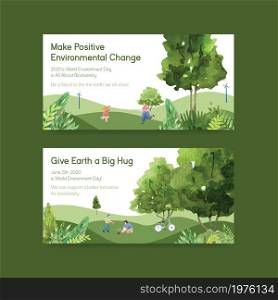 Twitter template design for World Environment Day.Save Earth Planet World Concept watercolor vector