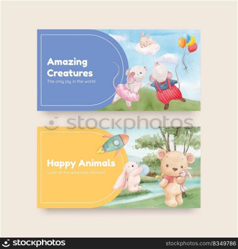 Twitter template with adorable animals concept,watercolor style 