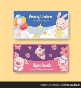 Twitter template with adorable animals concept,watercolor style
