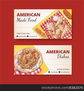 Twitter template with American foods concept,watercolor style 