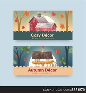 Twitter template with autumn home cozy concept,watercolor style
