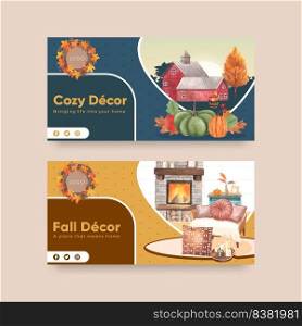 Twitter template with autumn home cozy concept,watercolor style
