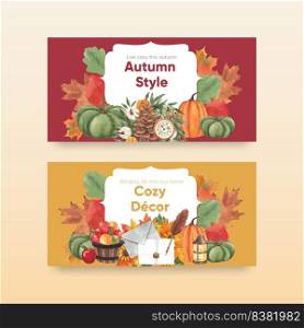 Twitter template with autumn home cozy concept,watercolor style 