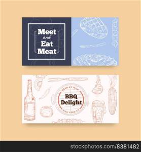 Twitter template with barbeque steak concept,drawing monochrome illustration  