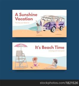 Twitter template with beach vacation concept design for social media watercolor illustration