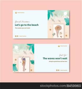 Twitter template with beach vacation concept design for social media watercolor illustration 