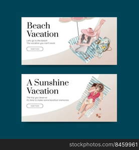 Twitter template with beach vacation concept design for social media watercolor illustration 