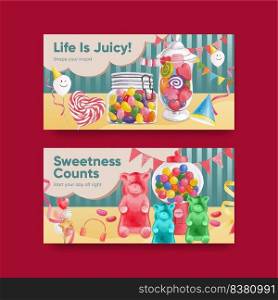 Twitter template with candy jelly party concept,watercolor style

