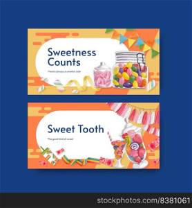 Twitter template with candy jelly party concept,watercolor style  