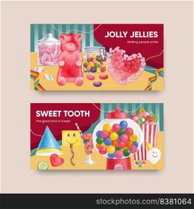 Twitter template with candy jelly party concept,watercolor style

