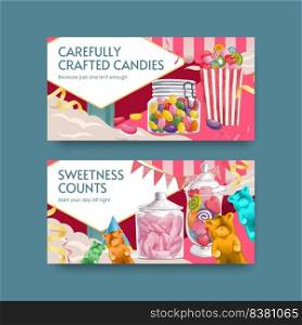 Twitter template with candy jelly party concept,watercolor style  