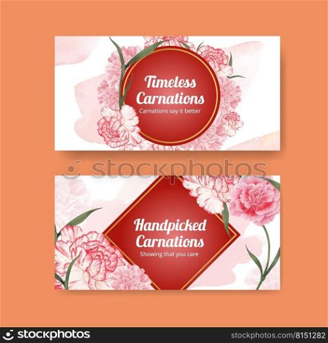 Twitter template with carnation flower concept, watercolor style 