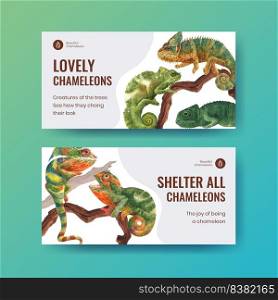 Twitter template with chameleon lizard concept,watercolor style
