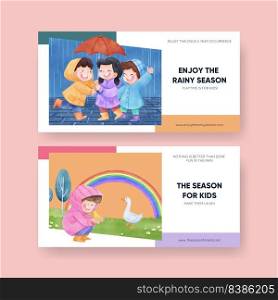 Twitter template with children rainy season concept,watercolor style 