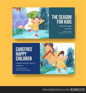 Twitter template with children rainy season concept,watercolor style 