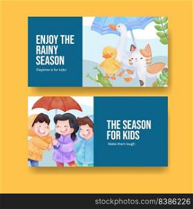 Twitter template with children rainy season concept,watercolor style
