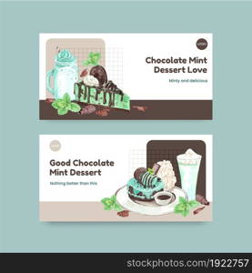 Twitter template with chocolate mint dessert concept,watercolor style