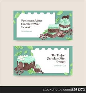 Twitter template with chocolate mint dessert concept,watercolor style