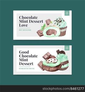 Twitter template with chocolate mint dessert concept,watercolor style