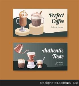 Twitter template with coffee concept watercolor illustration 