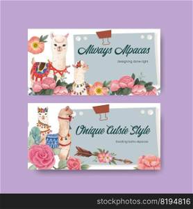 Twitter template with cute boho alpaca concept,watercolor style 