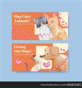 Twitter template with cute dog and cat hugging concept,watercolor style 