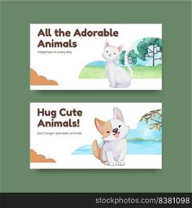 Twitter template with cute dog and cat hugging concept,watercolor style 