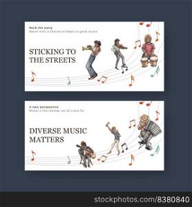 Twitter template with diverse music on street concept,watercolor style 