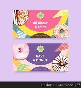 Twitter template with donut party concept,watercolor style  