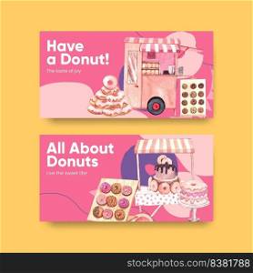 Twitter template with donut party concept,watercolor style  