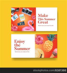 Twitter template with enjoy summer holiday concept,watercolor style  