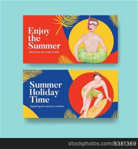 Twitter template with enjoy summer holiday concept,watercolor style

