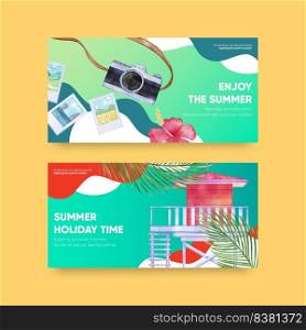 Twitter template with enjoy summer holiday concept,watercolor style

