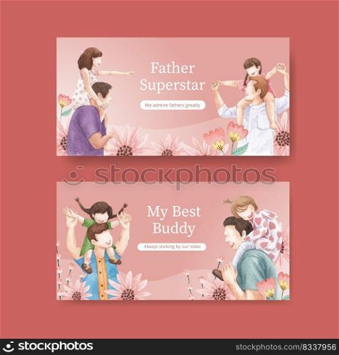Twitter template with father&rsquo;s day concept,watercolor style
