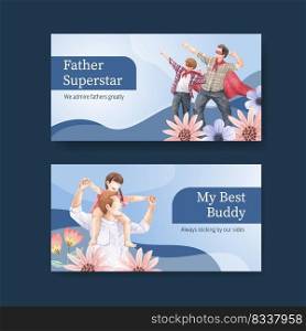 Twitter template with father&rsquo;s day concept,watercolor style
