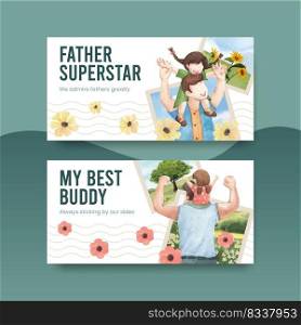 Twitter template with father’s day concept,watercolor style 