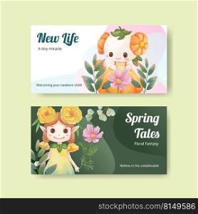 Twitter template with floral character concept design watercolor illustration 