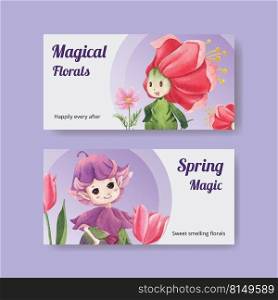 Twitter template with floral character concept design watercolor illustration 