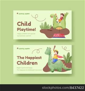 Twitter template with happy children concept,watercolor style