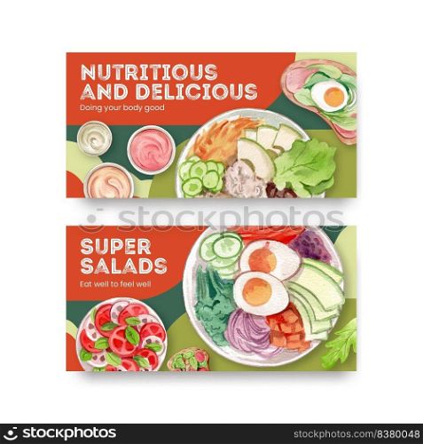 Twitter template with healthy salad concept,watercolor style 