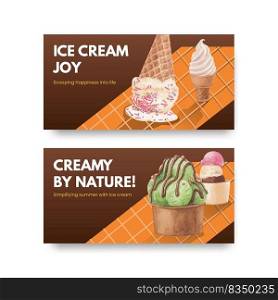 Twitter template with ice cream flavor concept,watercolor style 