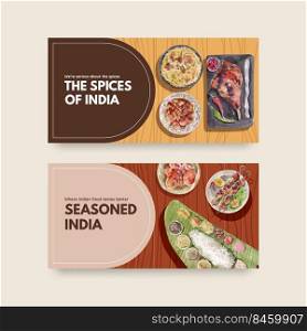 Twitter template with Indian food concept design for social media and community watercolor illustraton 