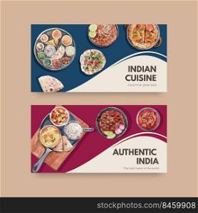 Twitter template with Indian food concept design for social media and community watercolor illustraton 