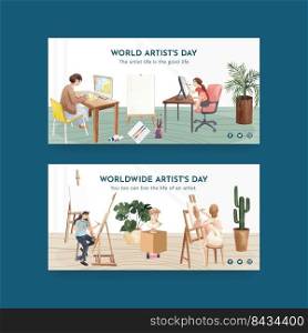 Twitter template with international artists day concept,watercolor style 
