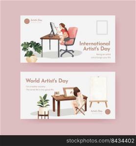 Twitter template with international artists day concept,watercolor style 