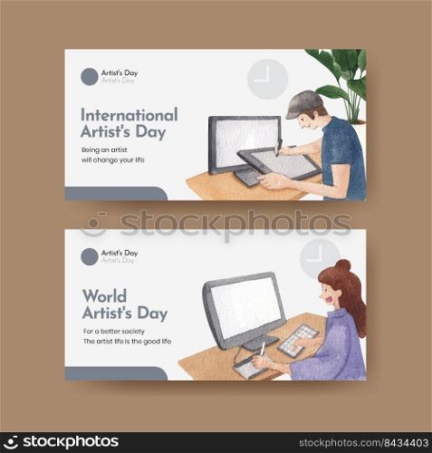 Twitter template with international artists day concept,watercolor style
