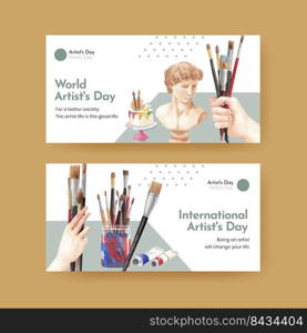 Twitter template with international artists day concept,watercolor style 