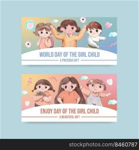 Twitter template with International Day of the Girl Child concept,watercolor style 